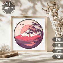 Load image into Gallery viewer, Japanese Mountain Layered Shadow Box SVG, 3D Cricut Design, Glowforge DIY Art Template, Sakura Svg
