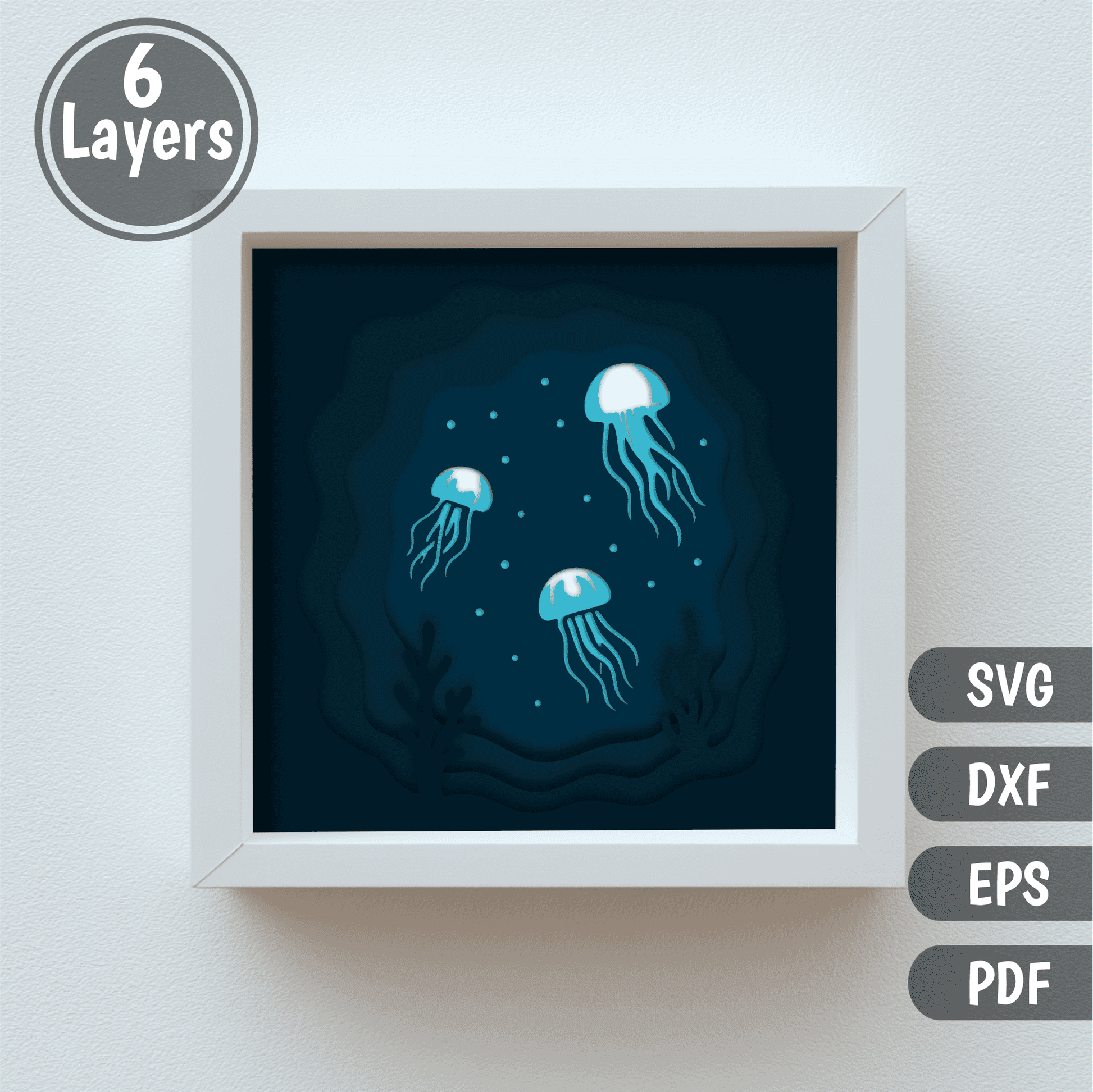 Marine life 3D shadow box with jellyfish and underwater waves