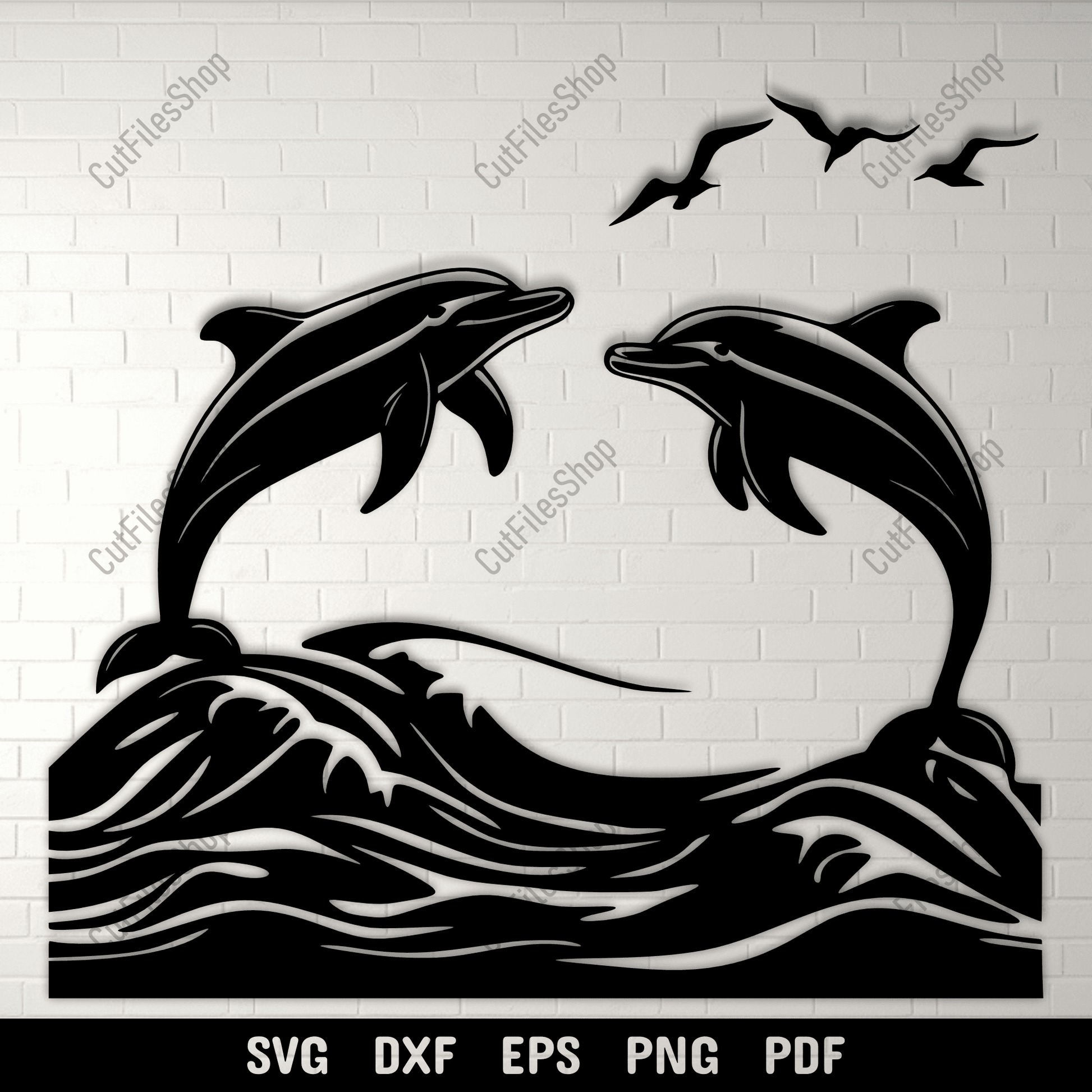 Dolphins jumping over ocean waves silhouette design