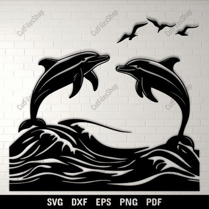 Dolphins jumping over ocean waves silhouette design