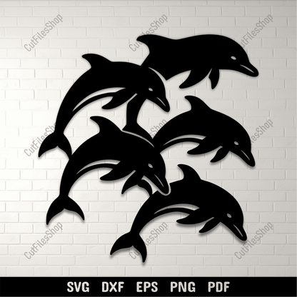 Five jumping dolphins silhouette wall art design