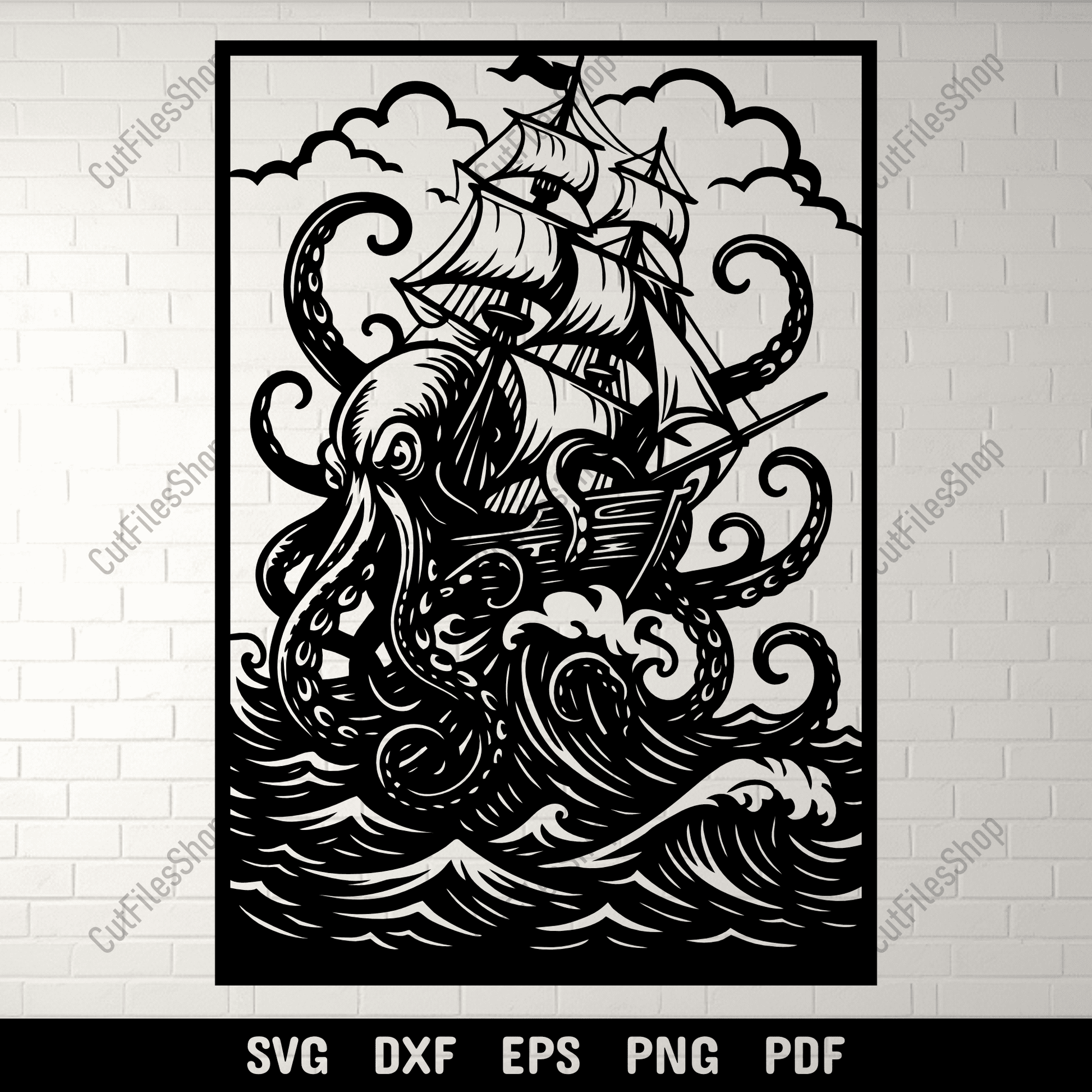 Kraken attacking ship SVG DXF for CNC and laser cutting