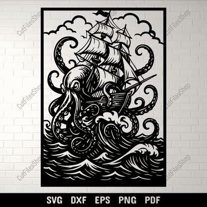 Kraken attacking ship SVG DXF for CNC and laser cutting