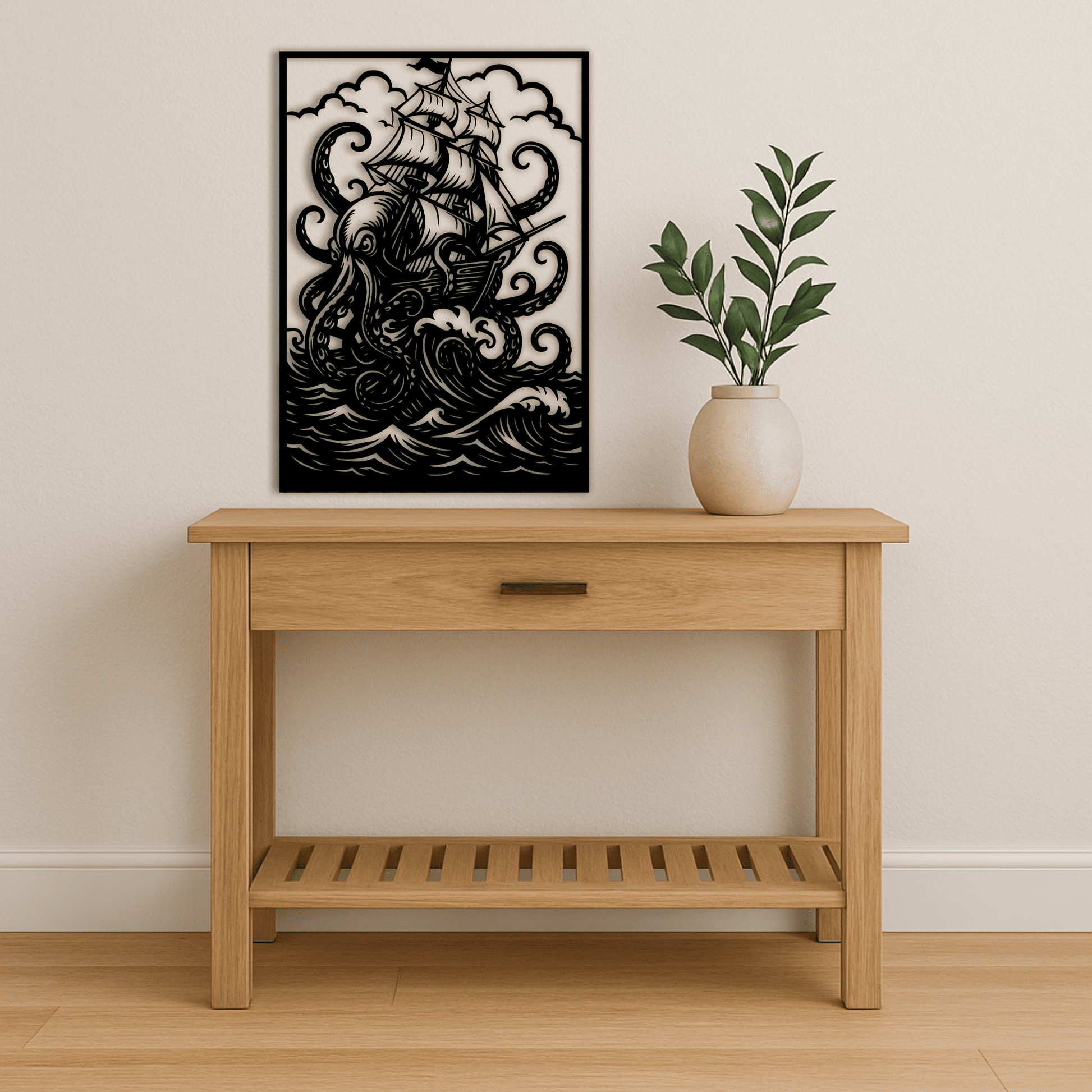 Octopus tentacles wrapping pirate ship silhouette