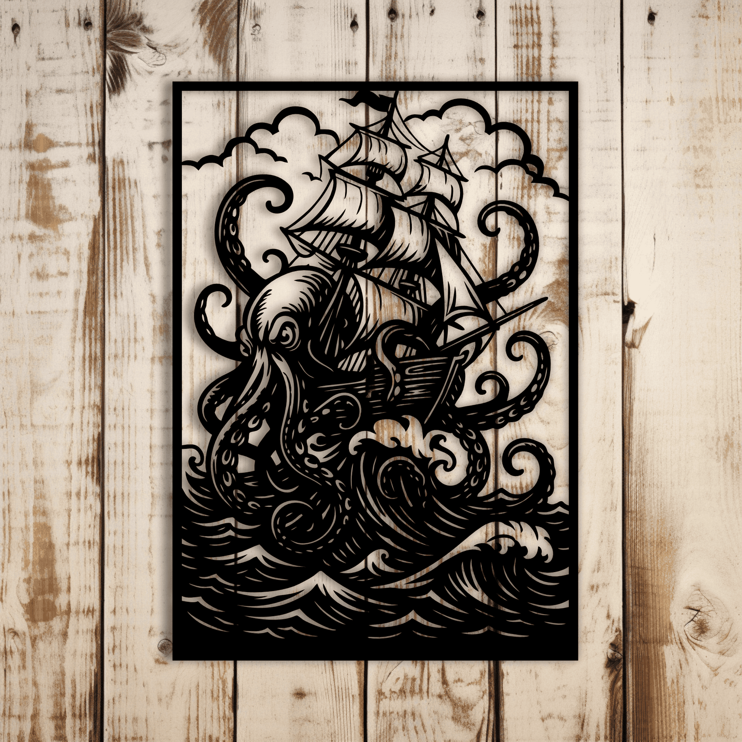 Nautical kraken scene for metal wall art and wood décor