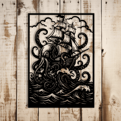 Nautical kraken scene for metal wall art and wood décor