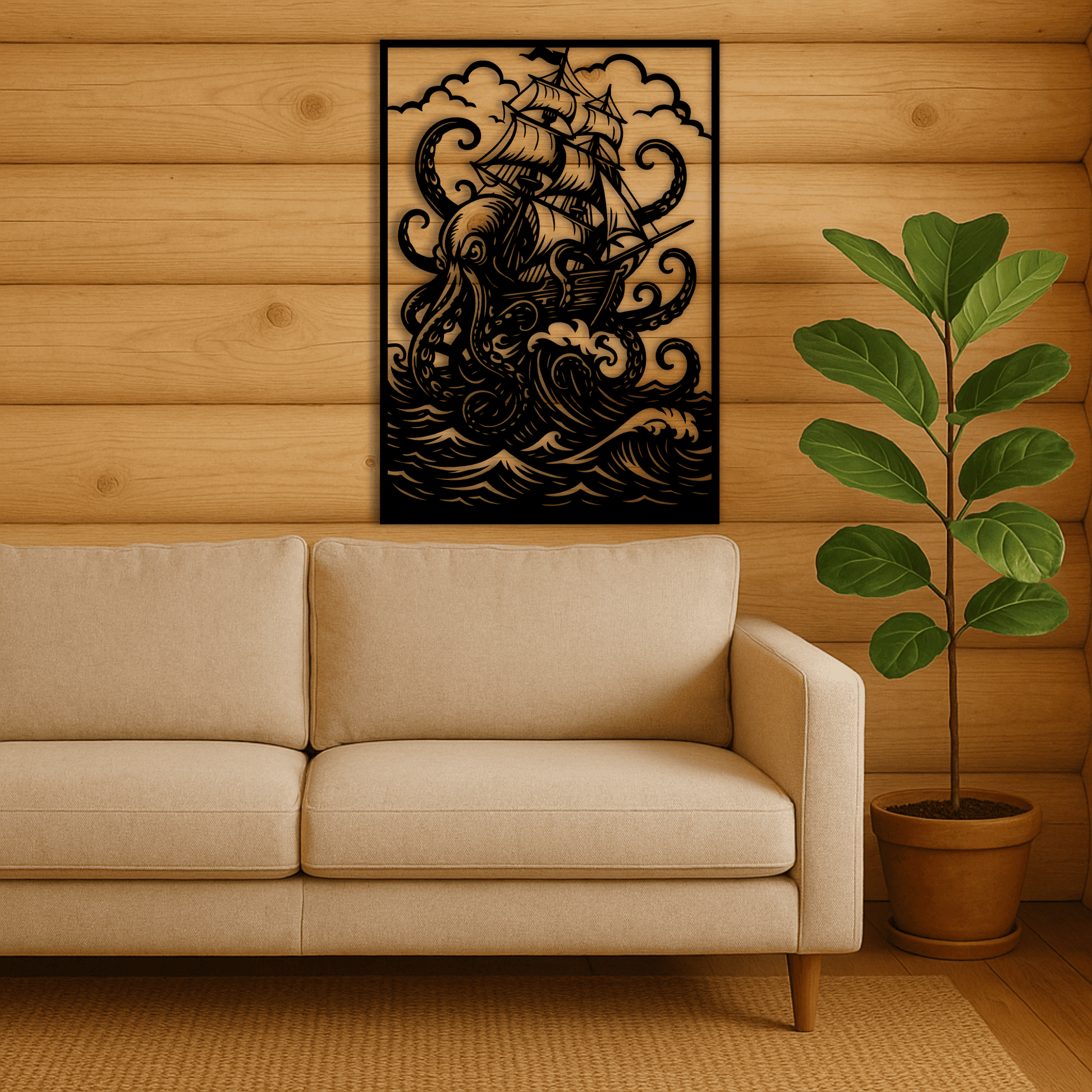 Ship vs sea monster vector design for Cricut crafts