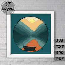 Load image into Gallery viewer, Layered Lake Boat Svg for Cricut &amp; Silhouette, 3D Shadow Box Template, Papercut Art, Dxf for Laser Cut, Unique Gift
