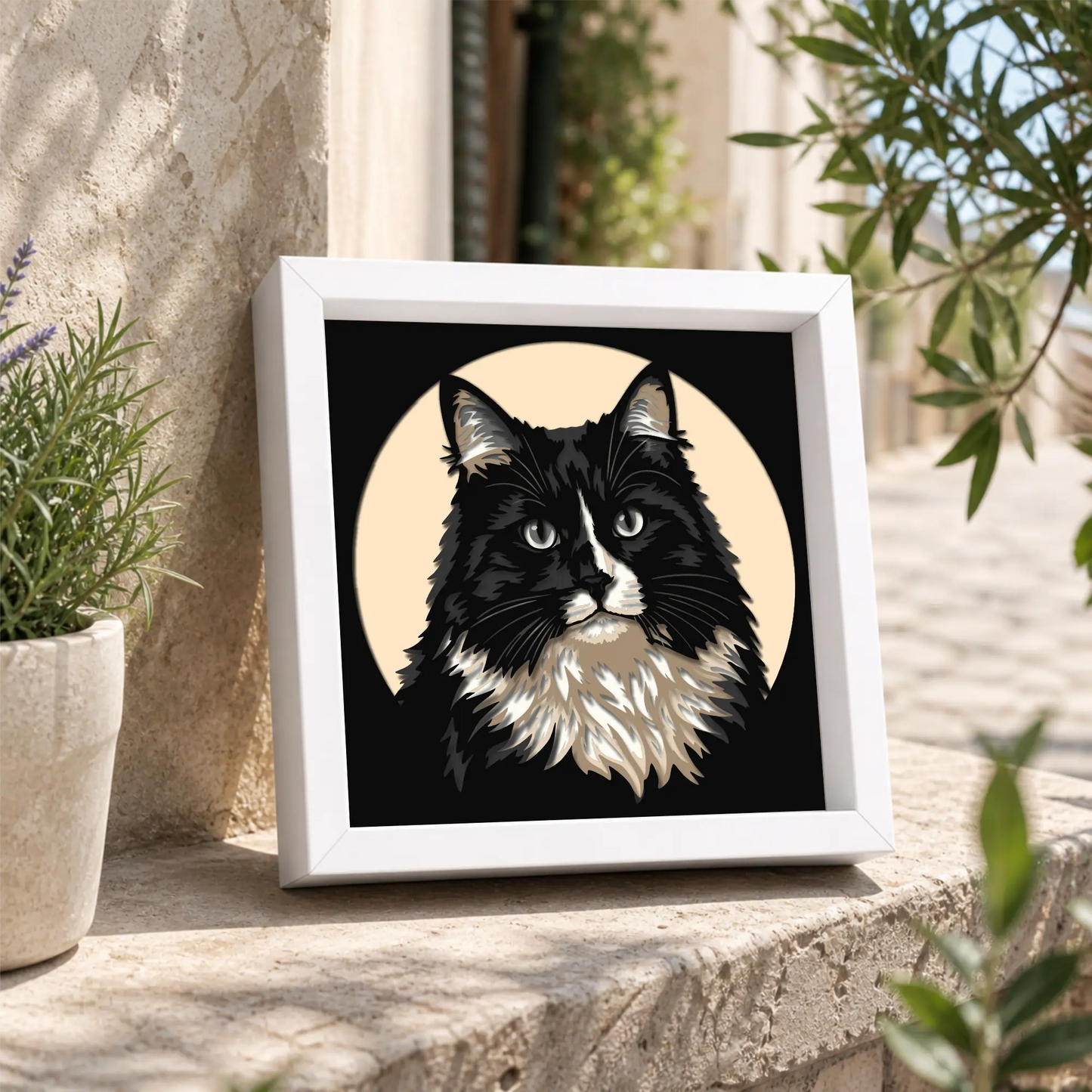 Black and white cat portrait converted into a layered shadow box for Cricut and laser cutting.