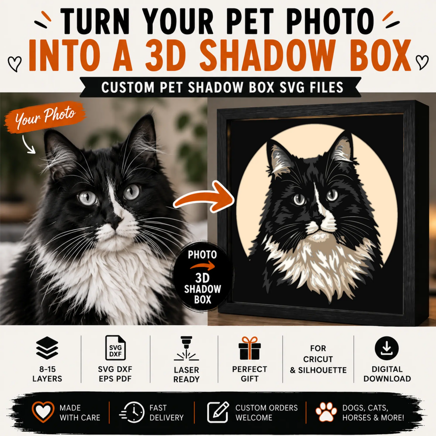 Custom pet photo transformed into a personalized 3D layered shadow box SVG.