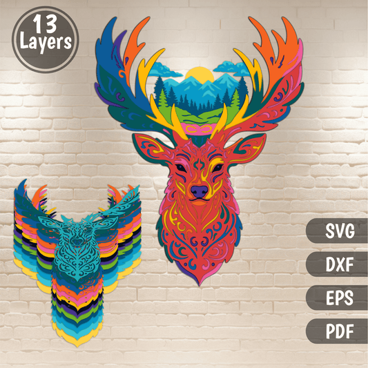 Layered deer head art SVG DXF EPS PDF colorful stag paper cut design