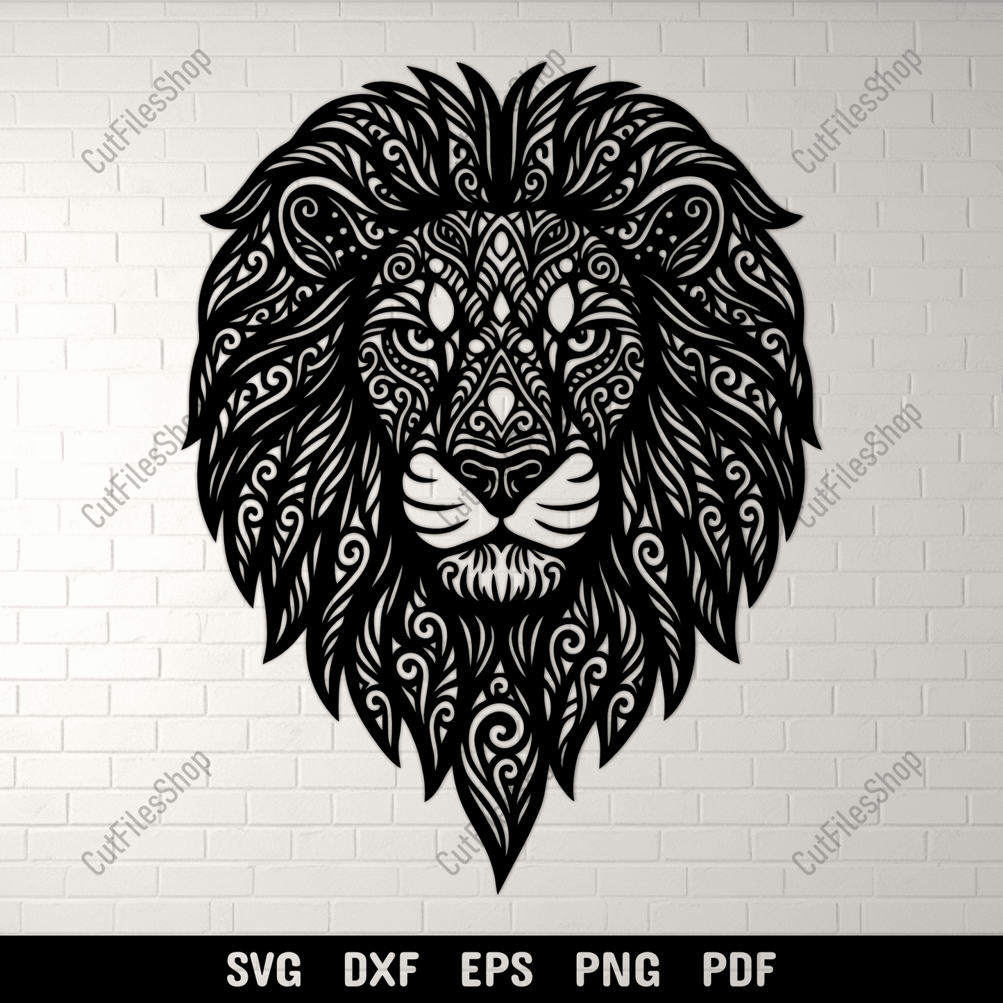 Ornate lion head silhouette with mandala details