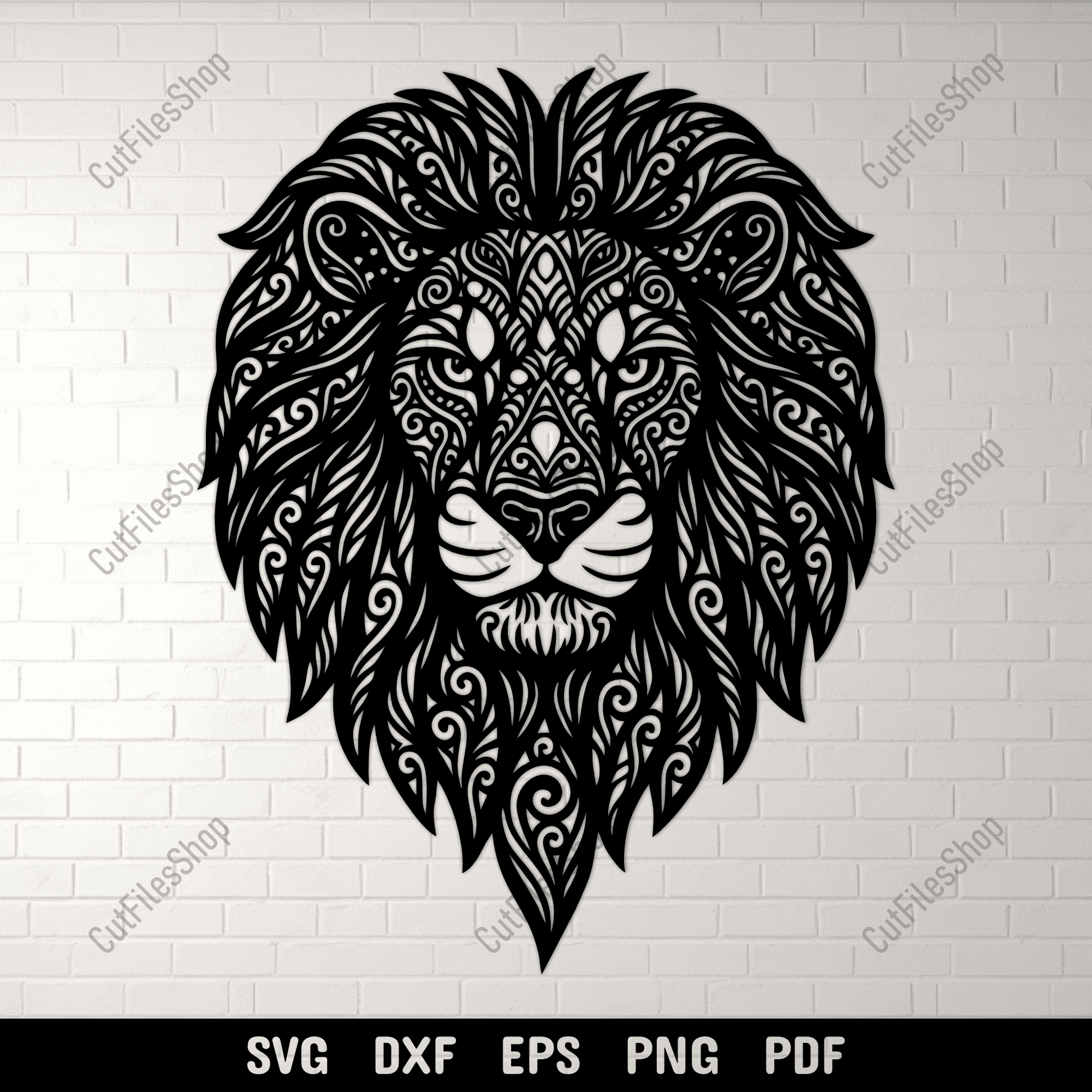 Ornate lion head silhouette with mandala details
