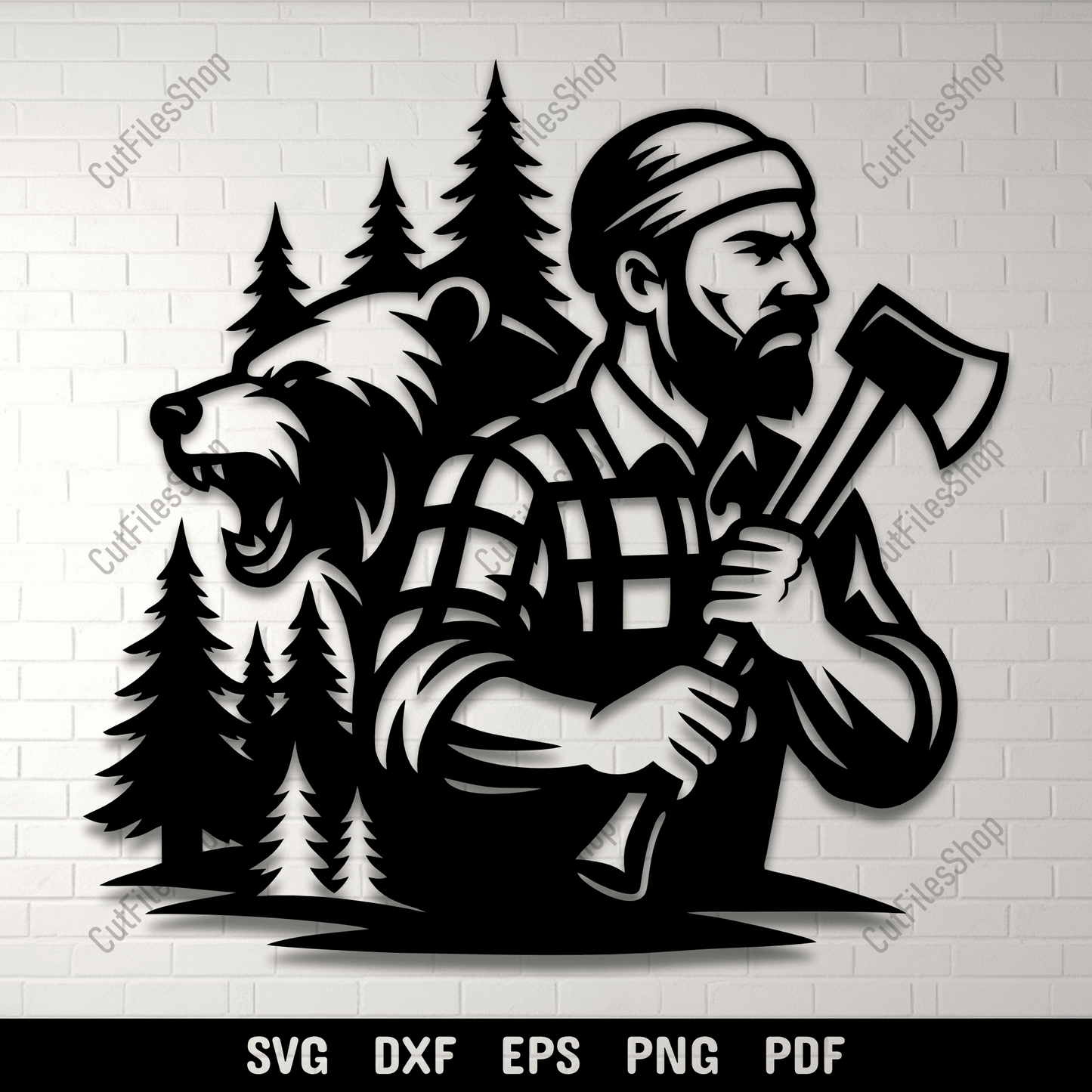 Lumberjack and bear SVG DXF PNG for CNC laser cutting