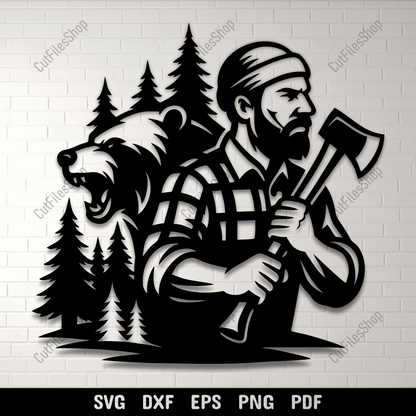 Lumberjack and bear SVG DXF PNG for CNC laser cutting