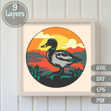 Load image into Gallery viewer, 3D Mallard Shadow Box Svg, 3D layered Svg, Papercut Art, 3D Bird dxf for Silhouette, 3D Shadow Box Templates, dxf for plywood
