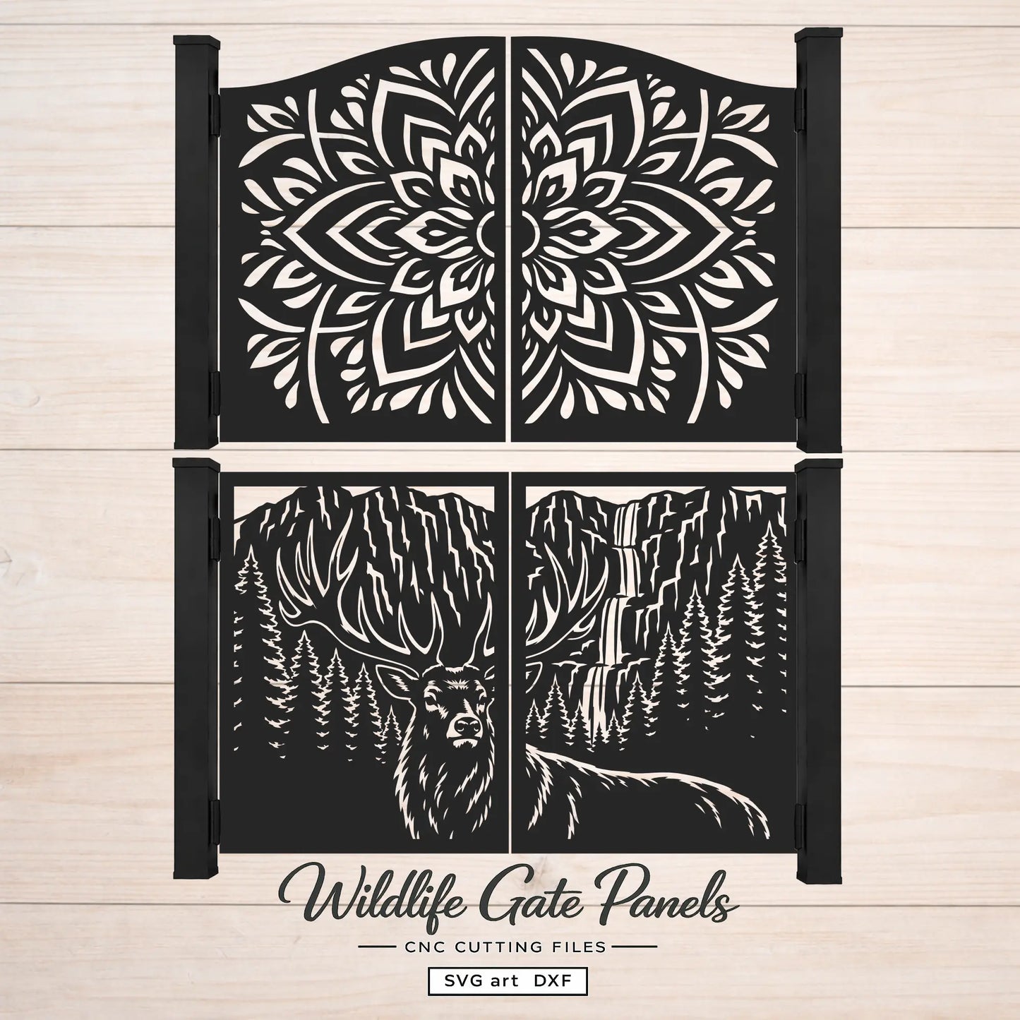 Wildlife elk mountain and mandala metal gate DXF SVG bundle for CNC plasma and laser cutting.