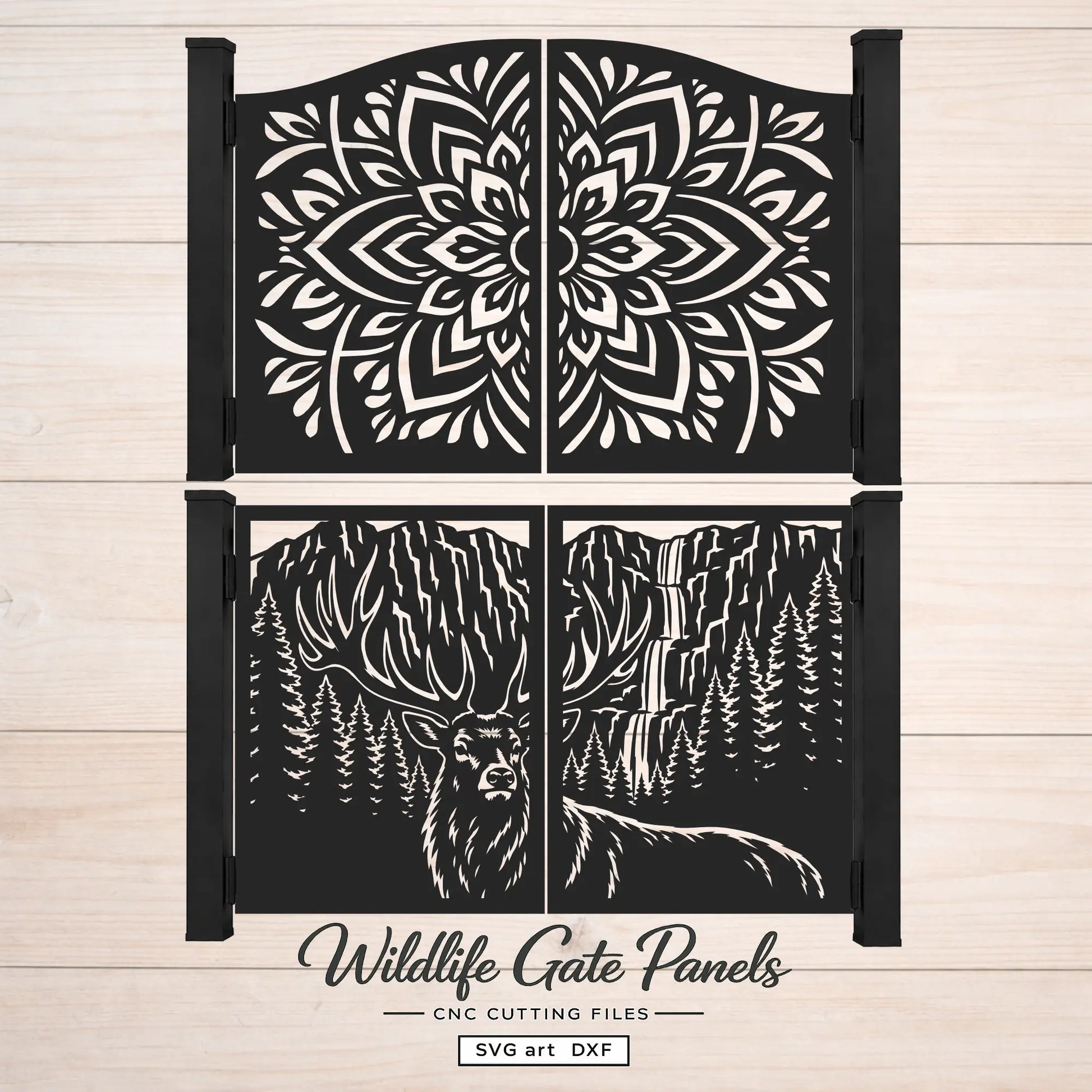 Wildlife elk mountain and mandala metal gate DXF SVG bundle for CNC plasma and laser cutting.