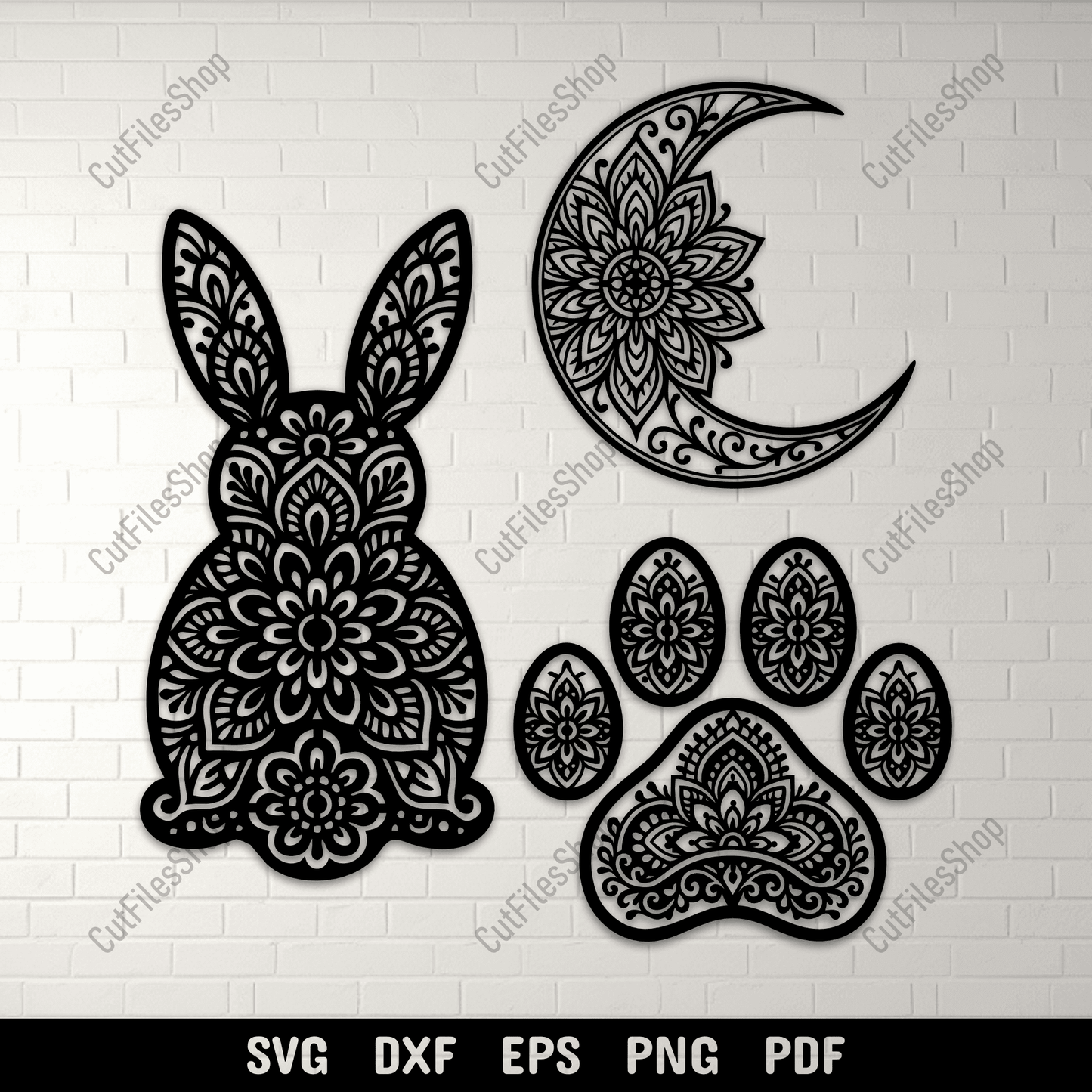 Mandala Bunny Moon Paw SVG DXF EPS PNG for Cricut, laser cutting, CNC and sublimation