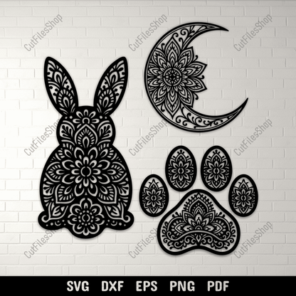 Mandala Bunny Moon Paw SVG DXF EPS PNG for Cricut, laser cutting, CNC and sublimation