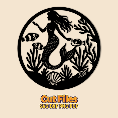 Ocean mermaid round panel SVG PNG for CNC plasma and laser cutting