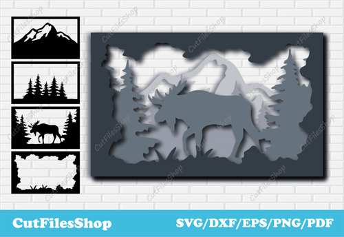 Moose 3D layered Svg Cut Files, Svg for Cricut Explore, Craft Cutting files, shadowbox 3d layered svg, 3d decor dxf, svg for cricut maker, dxf for co2 plasma, moose panel dxf, forest panel dxf