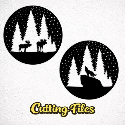 Winter wildlife SVG set with wolf and moose designs