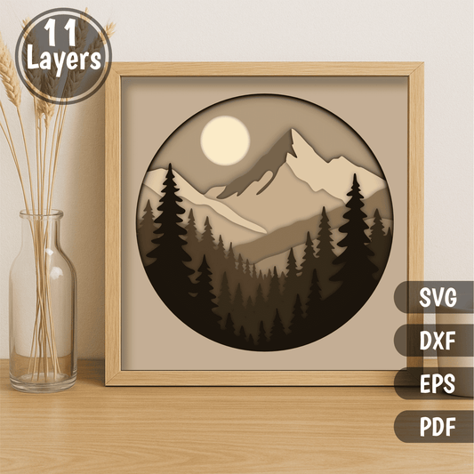 Mountain forest 3D shadow box SVG DXF PDF EPS layered template