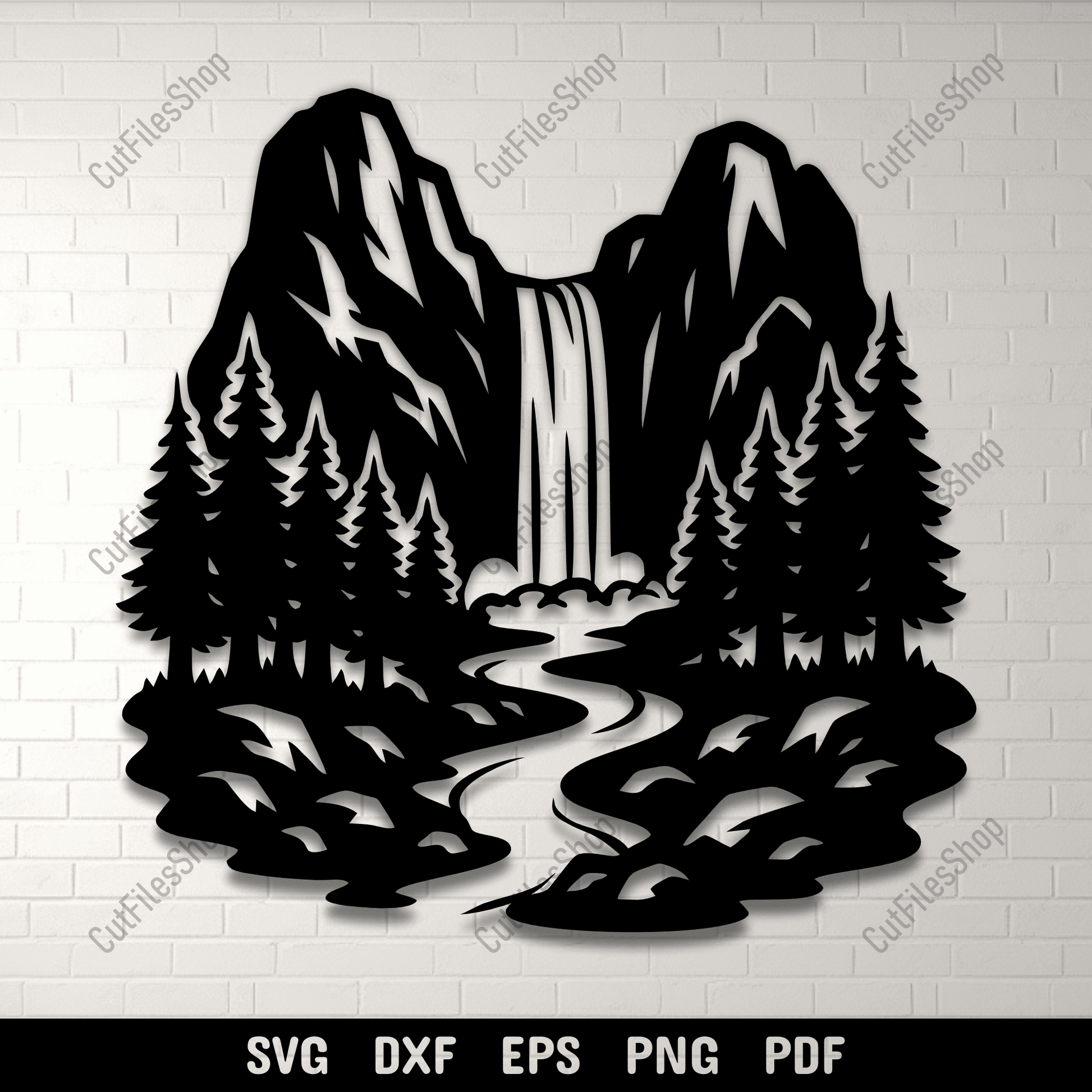 Waterfall mountain landscape SVG DXF PNG for CNC