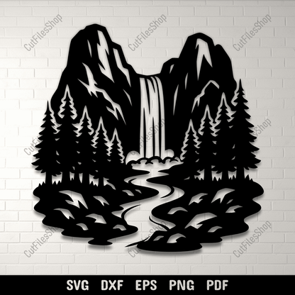 Waterfall mountain landscape SVG DXF PNG for CNC
