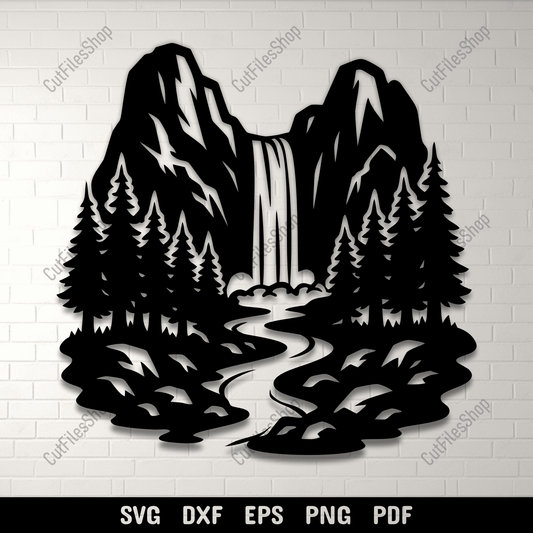 Waterfall mountain landscape SVG DXF PNG for CNC