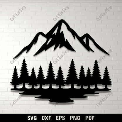Mountain and forest silhouette SVG with pine trees and lake reflection