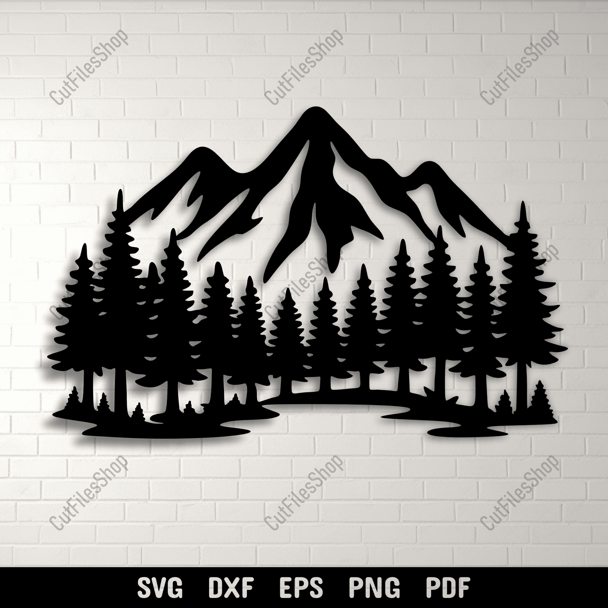 Mountain and pine forest silhouette SVG design
