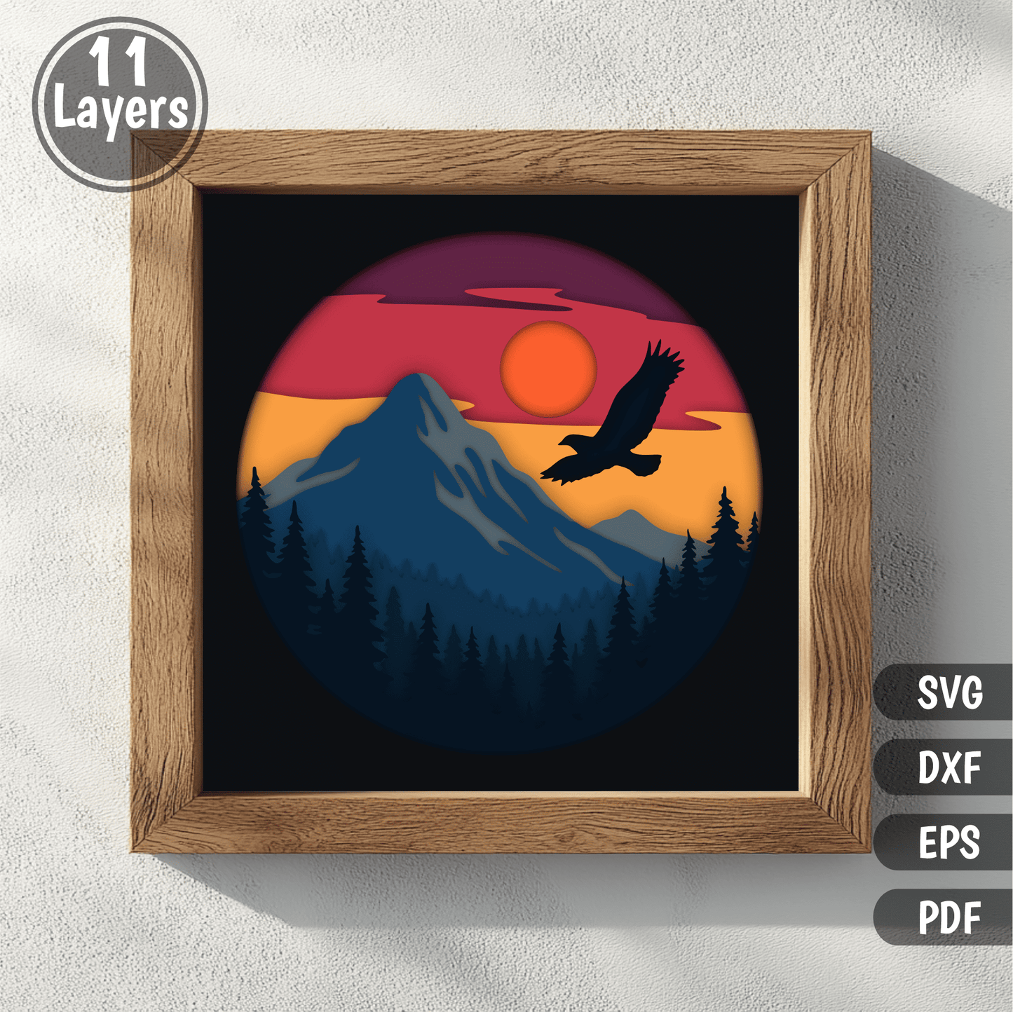 Sunset mountain eagle layered art 11 layer SVG DXF EPS PDF