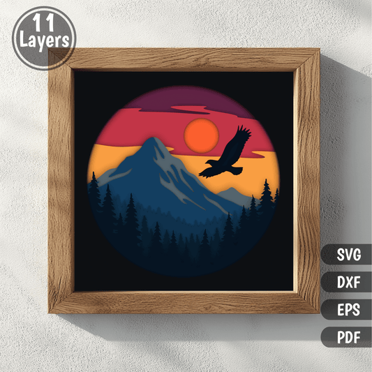 Sunset mountain eagle layered art 11 layer SVG DXF EPS PDF