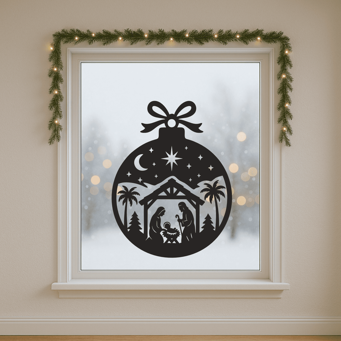 Holy family ornament SVG with Mary Joseph and baby Jesus