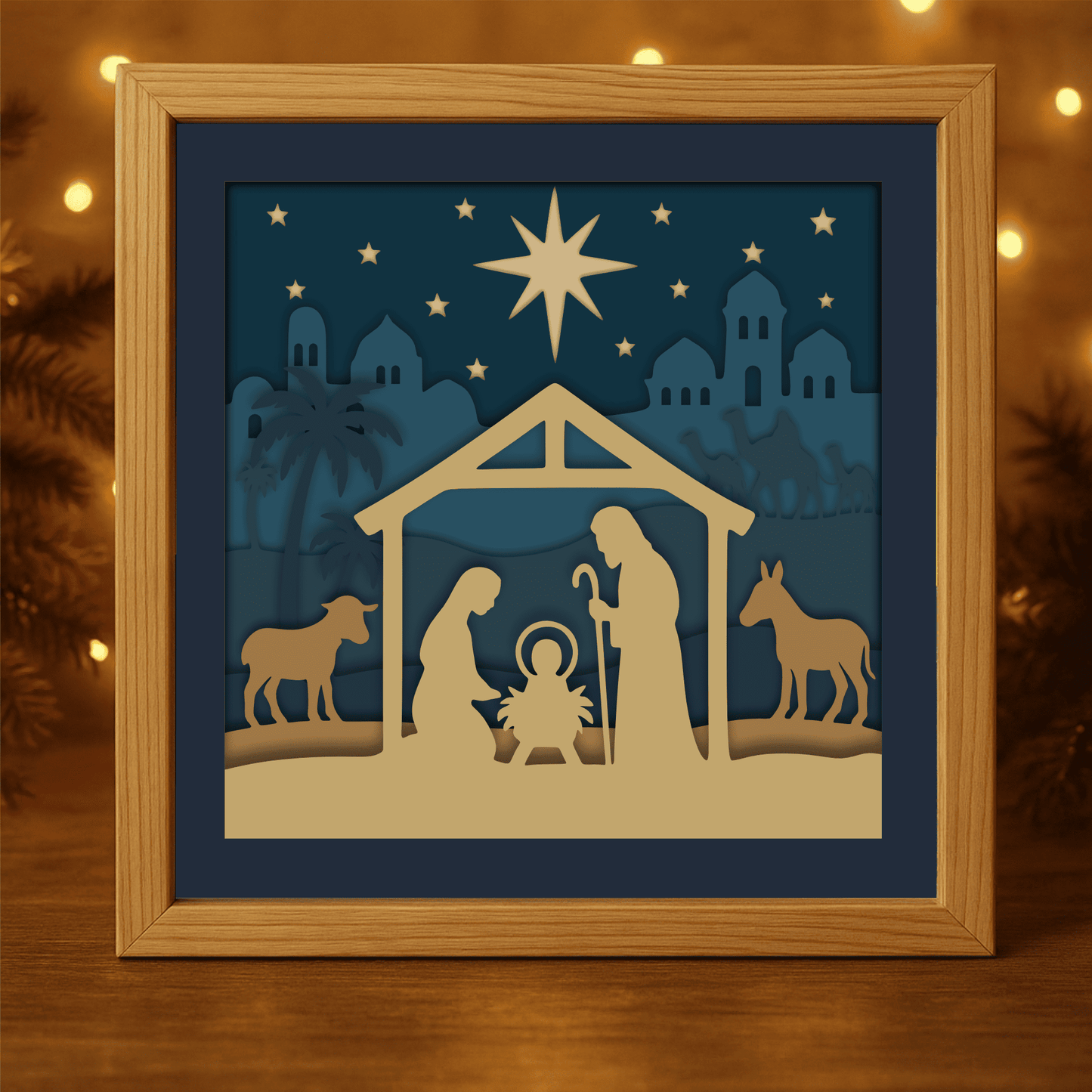Christmas Nativity 3D shadow box with Star of Bethlehem and animals