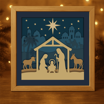 Christmas Nativity 3D shadow box with Star of Bethlehem and animals