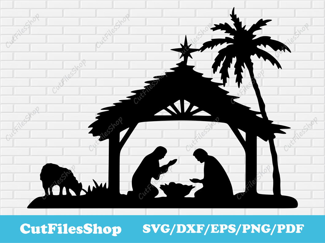 Nativity scene Silhouette, Nativity dxf for Laser cutting, Nativity scene cnc design, Dxf files for wood cut, O holy night svg, Christmas star svg, Nativity svg, Free Cutting files, Christmas Nativity svg, Cut Files Shop, free dxf for cnc