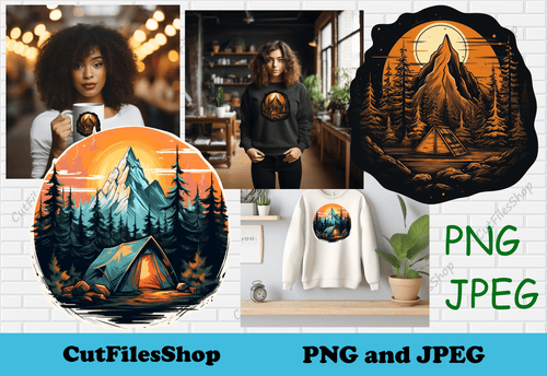 Nature png transparent for T shirt design, png art for sublimation, mountains art for sticker, sublimation art, forest t shirt design, nature tshirt design, camping art png, camping for sublimation