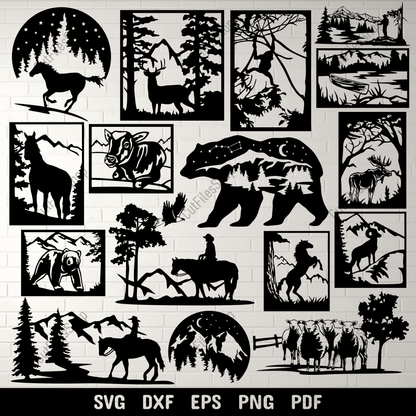 Nature Scenes Vector Cut Files, DXF for CNC & Laser, SVG for Cricut & Vinyl