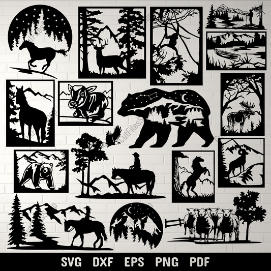 Nature Scenes Vector Cut Files, DXF for CNC & Laser, SVG for Cricut & Vinyl