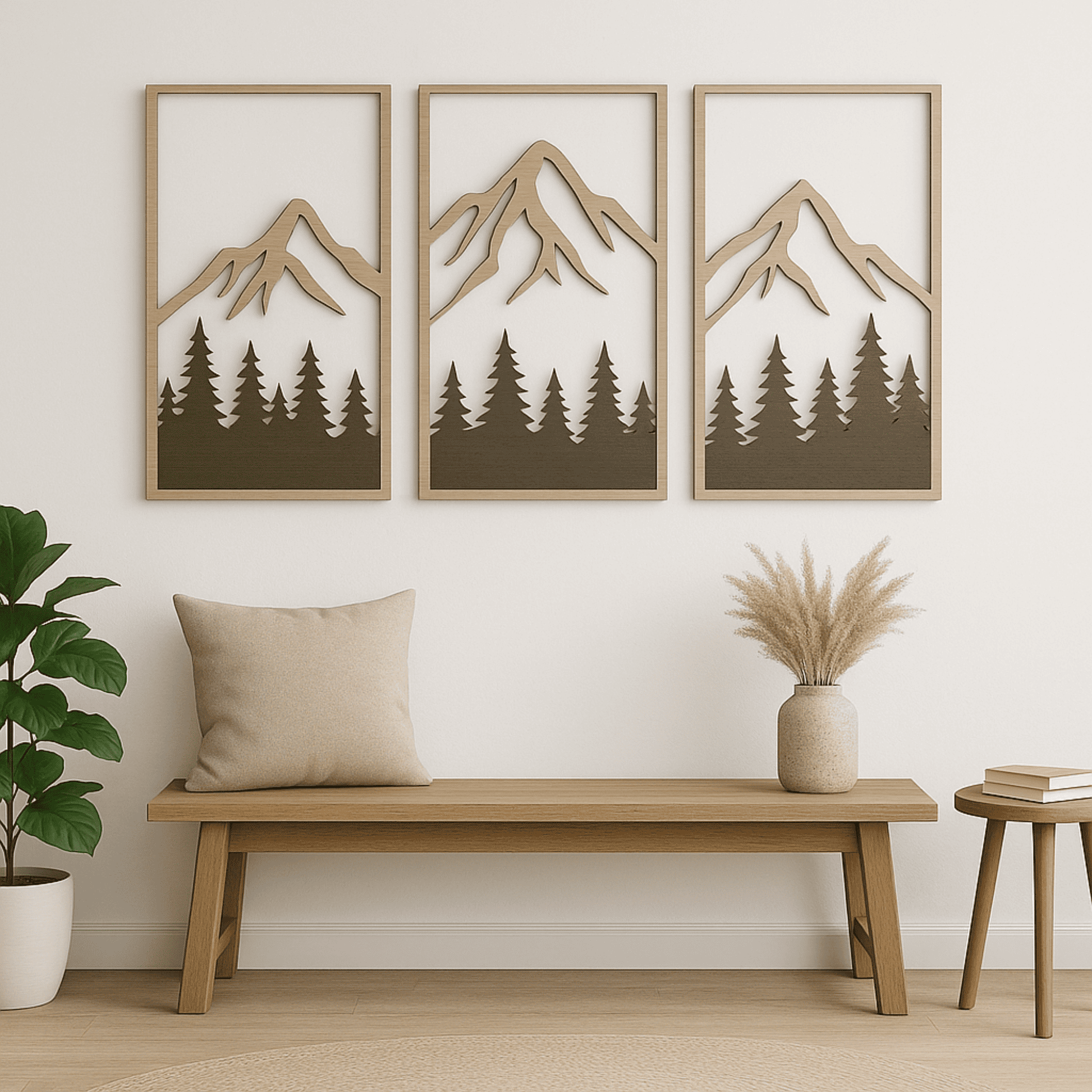 Mountain and pine forest triptych silhouette