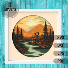 Load image into Gallery viewer, 3D Nature scene, Shadow Box Templates SVG, Cutting files, Paper cut Template, Svg for Cricut, Multilayer Svg, Dxf for Laser, 3D Light Box svg, 3D Deer Layered Svg, Cardstock svg

