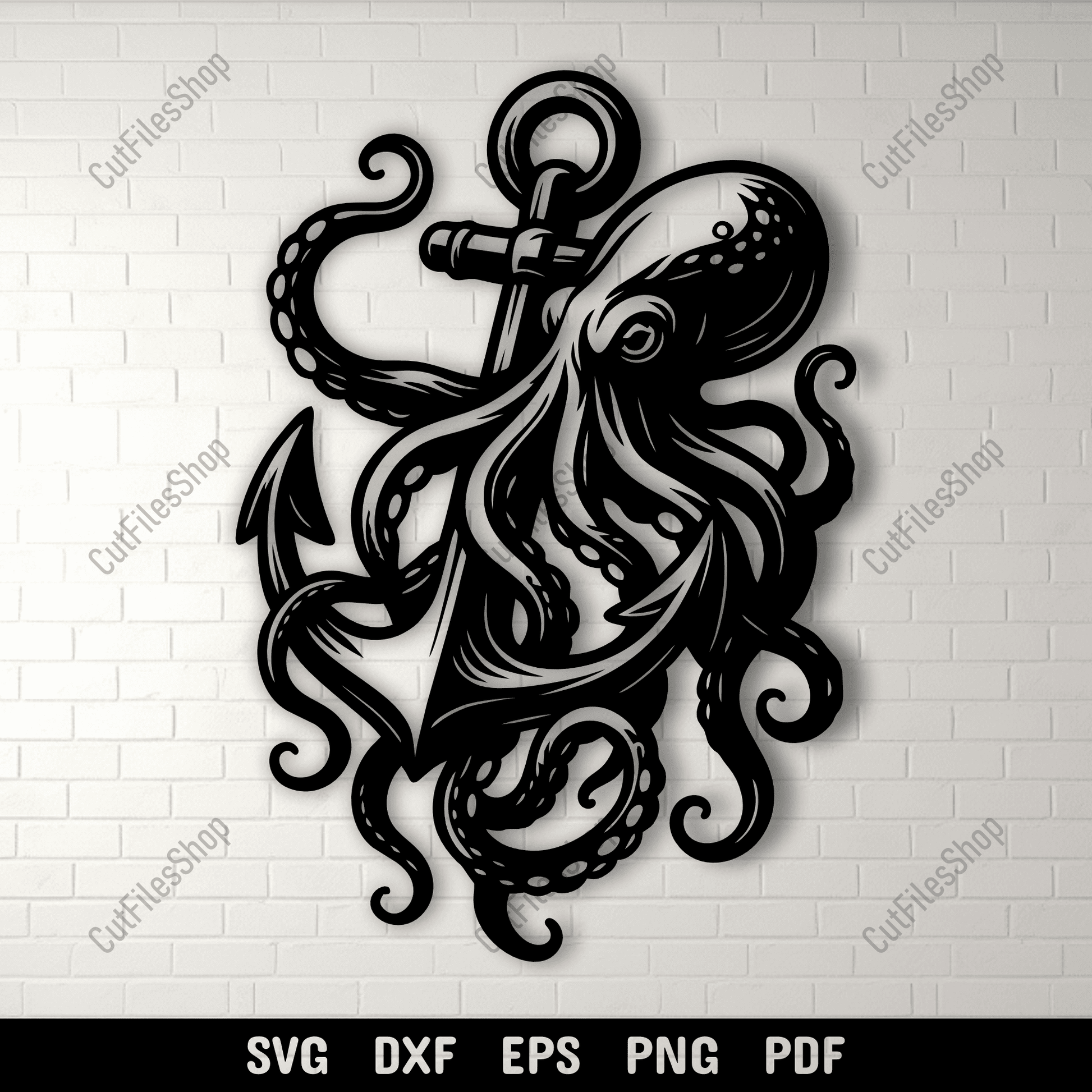 Octopus wrapped around anchor SVG DXF for CNC and laser cutting