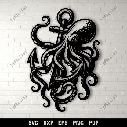 Octopus wrapped around anchor SVG DXF for CNC and laser cutting