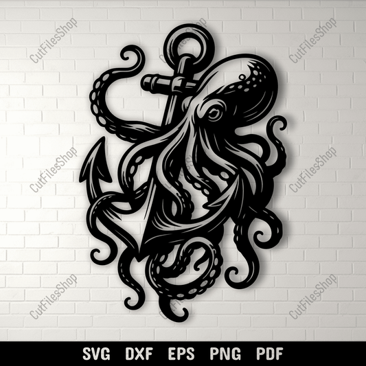 Octopus wrapped around anchor SVG DXF for CNC and laser cutting