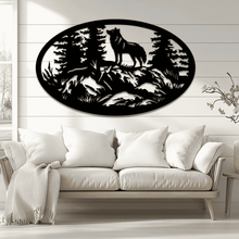 Load image into Gallery viewer, CNC laser cut wolf in oval scene
