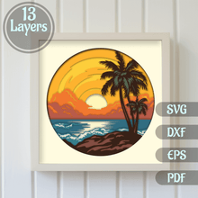 Load image into Gallery viewer, 3D Beach Shadow Box, 3D palms layered svg, cutting files, Svg for Cricut, Paper cut Template, cut files, light box svg
