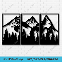 Load image into Gallery viewer, Mountains panels dxf for cnc router, Dxf files for Laser cut, Dxf for cnc Plasma cut, vinyl decal dxf, wall art dxf, panels dxf for plasma, pine forest dxf, nature panels dxf, vector cnc files, nature svg files, home decor dxf, cutting files, download dxf files, cut files shop
